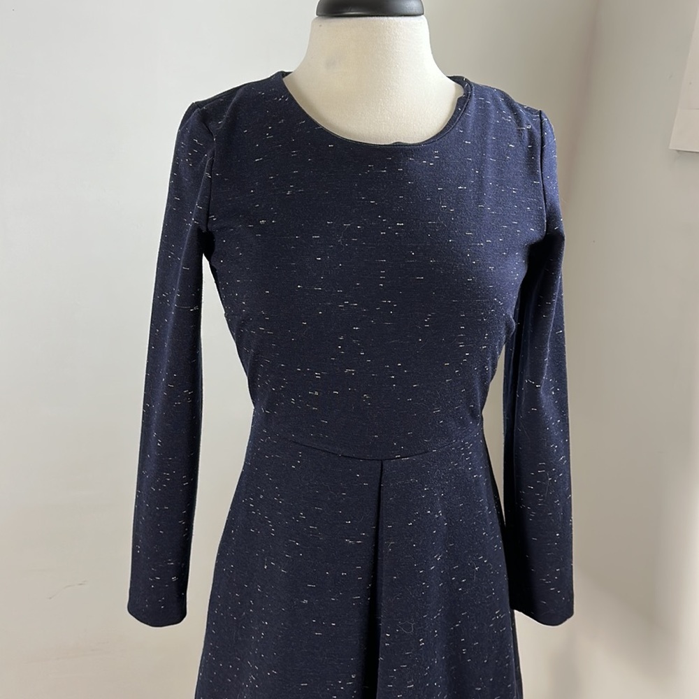 Sz 4 Small Medium Madewell Navy Blue Long Sleeve MIDI Fit and Flare Skater Dress - Picture 2 of 5